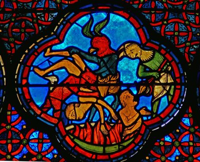 Detail (de rijke man in de hel) uit een raam van de gelijkenis van Lazarus en de Rijke Man door French School