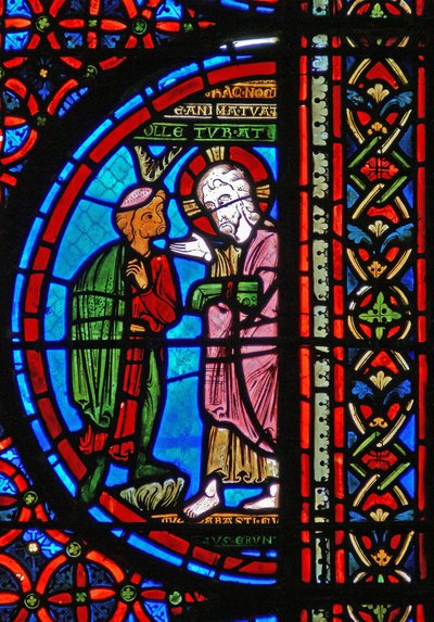 Detail (de rijke man met Christus) uit een raam van de gelijkenis van Lazarus en de Rijke Man door French School