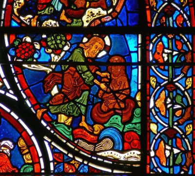 Detail (God creëert de mens uit klei) uit een raam van de gelijkenis van de Barmhartige Samaritaan door French School