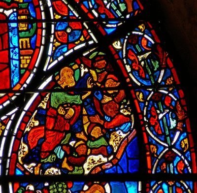 Detail (God creëert de engelen) uit een raam van de gelijkenis van de Barmhartige Samaritaan door French School