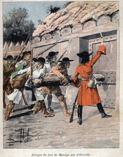 Ontdekking van Canada: Aanval op Fort Monsipi (Moose, later Saint Louis of Saint Louis) door Pierre Le Moyne d