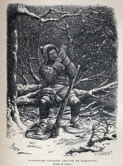 Ontdek Canada: Canadese leger vrijwilliger sneeuwschoenen. Tekening door Dupuy. Gravure uit het einde van de 19e eeuw in La nouvelle France door Eugene Guenin door French School