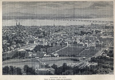 Ontdekking van Canada: uitzicht op de stad Montreal in 1875. Tekening door Benoist naar een foto. Gravure uit het einde van de 19e eeuw in "La nouvelle France" door Eugene Guenin. door French School