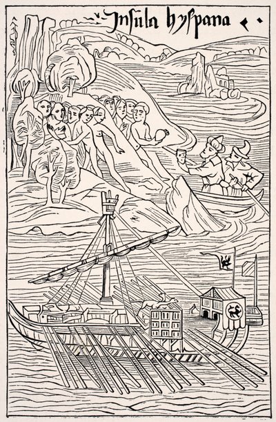 Ontdekking van Santo Domingo, Insula Hyspana, door Christoffel Columbus, Facsimile van een houtsnede van de Epistola Christoferi Colom, uit Wetenschap en Literatuur in de Middeleeuwen door Paul Lacroix, gepubliceerd in Londen 1878 door French School
