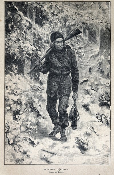 Ontdekking van Canada: portret van een Canadese pelsjager in het bos. Gravure uit het einde van de 19e eeuw in 