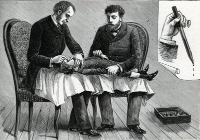 Dokters onderzoeken de ogen van een kind en druppelen oogdruppels (gravure) 1888 door French School