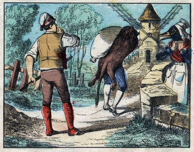 Ezel die de huid van de leeuw draagt. Fabels van Jean de La Fontaine. Epinal afbeelding eind 19e eeuw. door French School