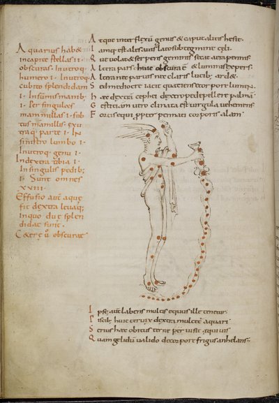 Tekening van het sterrenbeeld Waterman, met de sterren aangegeven als rode stippen, uit 
