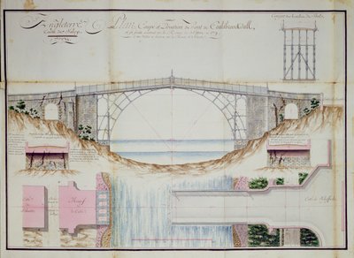 Tekeningen en doorsnede van de IJzeren Brug gebouwd in 1779 in Coalbrookdale, Shropshire, Engeland, 1784 door French School
