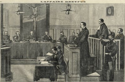 Dreyfus-affaire in 1898: een hoorzitting van de Oorlogsraad: het proces van commandant Esterhazy. Gravure in 