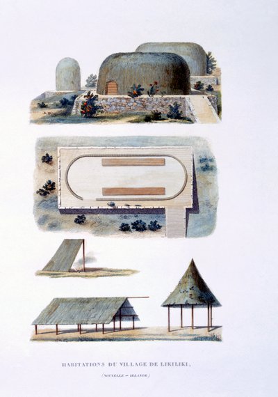 Woningen in Likiliki Village, Nieuw-Ierland, 1826 door French School