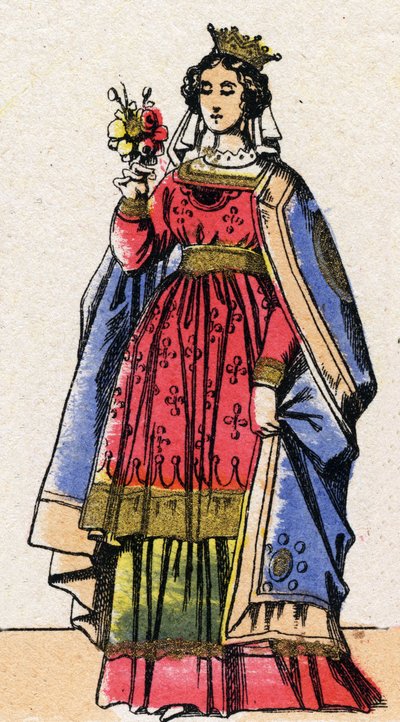 Capetingische dynastie: Portret van Adelheid of Alix of Alice van Champagne (1140-1206), koningin van Frankrijk, echtgenote van Lodewijk VII de Jonge (1120-1180). Epinal afbeelding uit het einde van de 19e eeuw. Privécollectie door French School