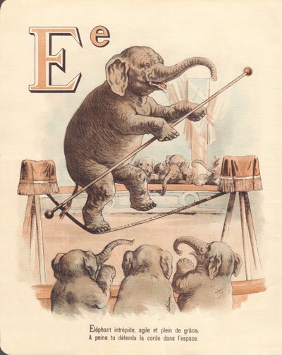 E: Olifant, evenwichtskunstenaar onverschrokken olifant, behendig en vol gratie, ontspant nauwelijks het touw in de ruimte door French School