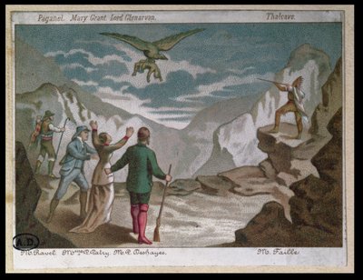 Adelaar die een kind wegdraagt, vignette ter illustratie van een toneelstuk aangepast van Jules Verne
