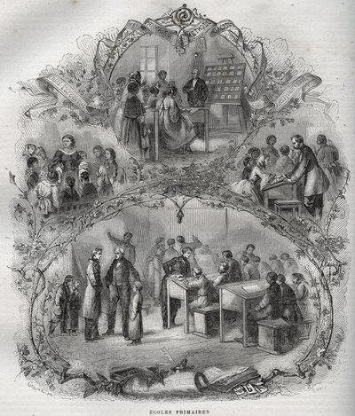 Ecoles primaires en France au 19eme Siecle - gravure in - Nieuwe Nationale Encyclopedie door Maurice La Charest - 1870 door French School