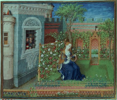 Emelye in haar tuin. De gevangen ridders Palamon en Arcite, uit de Getijden van de Hertog van Bourgondië door French School