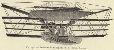 Het geheel van het vliegtuig van M Hiram Maxim door French School