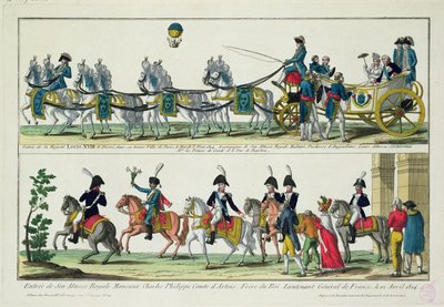 Intocht in Parijs van Charles, Graaf van Artois, 12 april 1814, en Intocht in Parijs van Lodewijk XVIII, Koning van Frankrijk en Navarra, 3 mei 1814 door French School