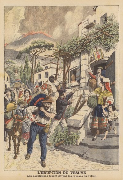 Uitbarsting van de Vesuvius (kleurenlitho) door French School