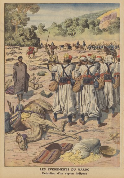 Executie van een spion in Marokko (kleurenlitho) door French School