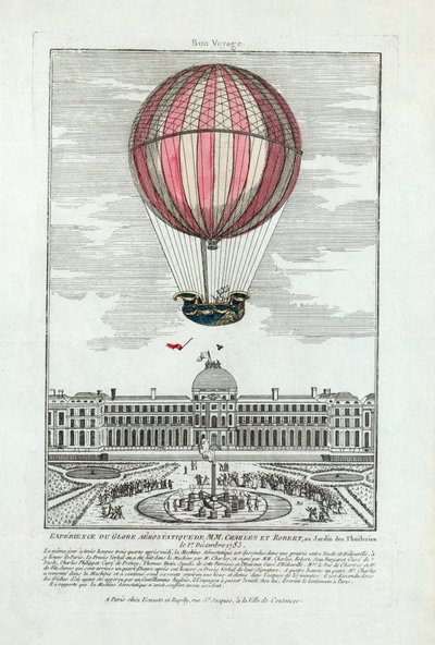 Ervaring van de luchtballon van MM. Charles en Robert in de Jardin des Thuileries op 1 december 1783, gepubliceerd 1783 door French School