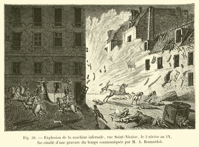 Explosie van de hellemachine, rue Saint-Nicaise, op 3 nivôse jaar IX, fac-simile van een gravure uit die tijd meegedeeld door M A Bonnardot door French School