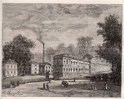 Buitenaanzicht van de Keizerlijke Porseleinfabriek van Sevres, gebouwd in het park van Saint Cloud volgens de plannen van architect Laudin - gravure in 