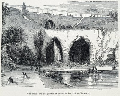 Buitenaanzicht van de watervallen en grotten van de Buttes Chaumont, gravure 19e eeuw door French School