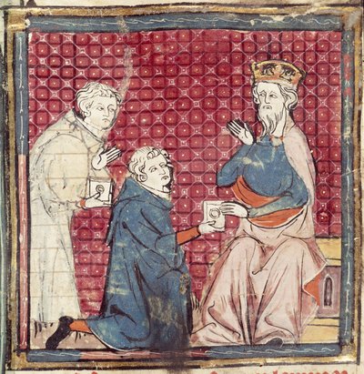 F.117r Boodschappers vertellen Karel de Grote over de overwinning op de Saracenen, uit de Grandes Chroniques de France, 1375-79 door French School