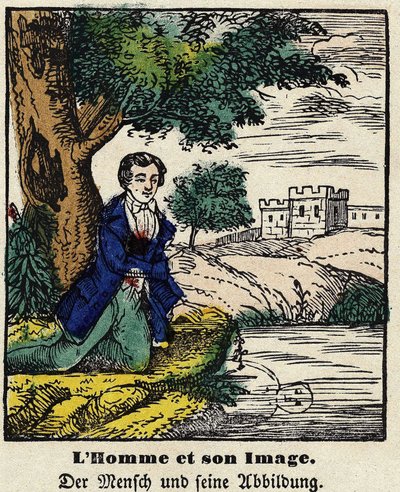 Fabels van La Fontaine: man en zijn spiegelbeeld. Afbeelding van Epinal, eerste helft van de 19e eeuw. door French School