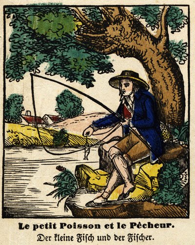 Fabels van La Fontaine: de kleine vis en de visser. Epinal afbeelding, eerste helft van de 19e eeuw door French School