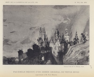 Fac-simile (verkleind) van een originele tekening van Victor Hugo (litho) door French School