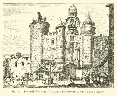 Facsimile van een ets van Israel Sylvestre 1650; uitzicht op het grote Chatelet door French School