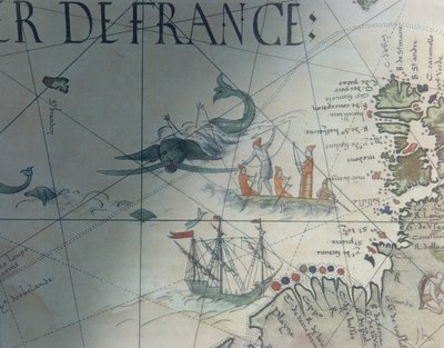 Facsimile van walvisvangst en eiland Saint Brandon, detail van een portolaan kaart door Pierre Desceliers, 1546, gepubliceerd in Monuments de la Geographie door Edme Francois Jomard (1777-1862) door French School