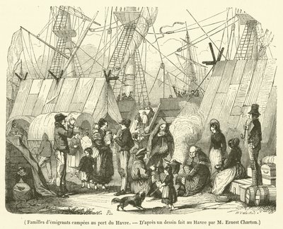 Emigrantengezinnen kamperen in de haven van Le Havre (gravure) door French School