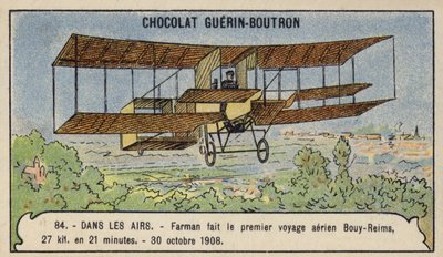 Farman maakt de eerste cross-country vliegtuigvlucht in Europa, van Bouy naar Reims, Frankrijk, 30 oktober 1908 door French School