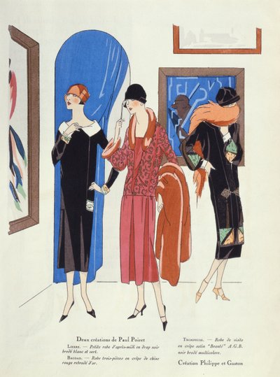 Modeontwerpen voor bezoekers van kunstgalerijen door Paul Poiret en Philippe et Gaston, uit het tijdschrift Art, Gout, Beaute, 1925 door French School