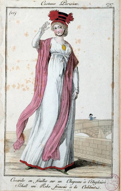 Mode onder het Directoire: elegante jonge vrouw in Parijse kleding door French School