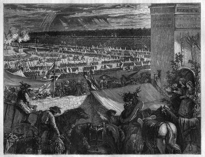 Feest van de Federatie op het Champ de Mars in Parijs op de eerste verjaardag van de bestorming van de Bastille op 14 juli 1790. Gravure in 