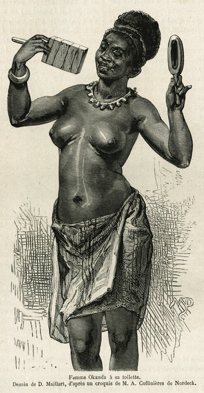 Femme Okanda doet haar toilet, tekening door D.Maillard, ter illustratie van het verhaal van een reis naar Gabon en de Ogoue-rivier, in 1875-1877, door Alfred Marche. Gravure in Le tour du monde door French School