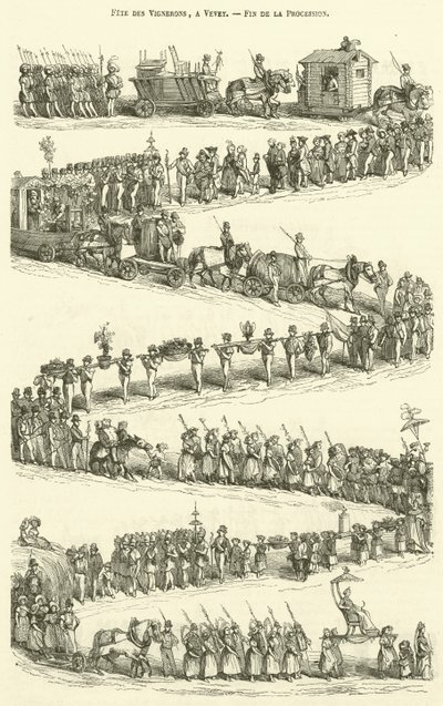 Fete des Vignerons, in Vevey, einde van de processie (gravure) door French School