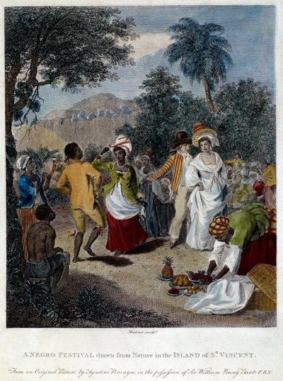 Negerfeest op het eiland Saint Vincent (Centraal-Amerika, Antillen). Gravure uit de 19e eeuw door French School