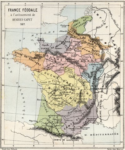 Feodalisme - Frankrijk Feodaal bij de troonsbestijging van Hugues Capet - 987 - gravure uit 