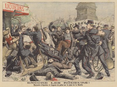Gevecht tussen Apaches en de politie op de Place de la Bastille in Parijs (kleurenlitho) door French School