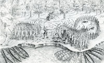 Gevecht van de Hurons, uit Voyage de Champlain in 1624 door Samuel de Champlain door French School