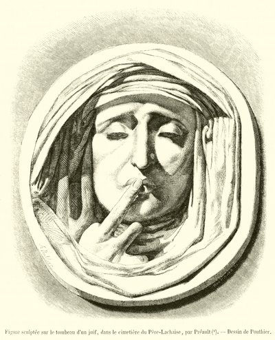 Beeldhouwwerk op het graf van een jood, op de begraafplaats van Père-Lachaise (gravure) door French School