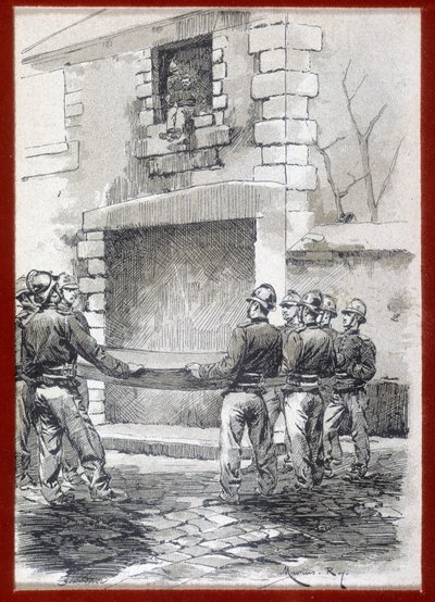 Brandweerlieden, De reddingsdeken, n.d. begin 19e eeuw. door French School