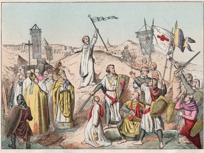 Eerste Kruistocht: het beleg en de inname van Jeruzalem door de kruisvaarders onder leiding van Godefroy (Godefroi) de Bouillon (1058-1100) in 1099 - Godfried van Bouillon bij het Beleg van Jeruzalem - Gravure van het einde van de 19e eeuw in 