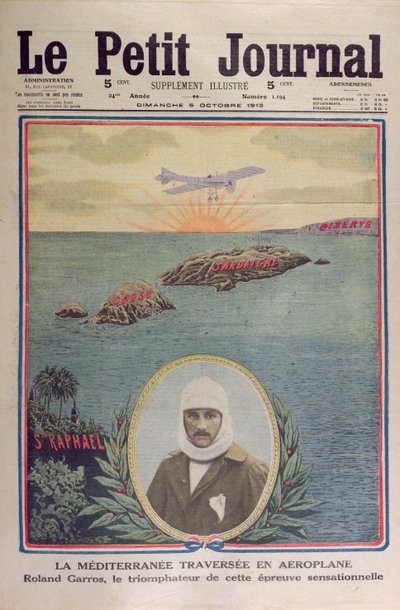 Eerste oversteek van de Middellandse Zee 23 september 1913 door Roland Garros (1888-1918), omslagillustratie van Le Petit Journal 5 oktober 1913 door French School