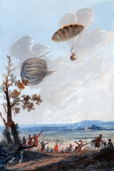 Eerste man die met een parachute afdaalde, 22 oktober 1797, in Parc Monceau, Parijs, ca. 1797 door French School
